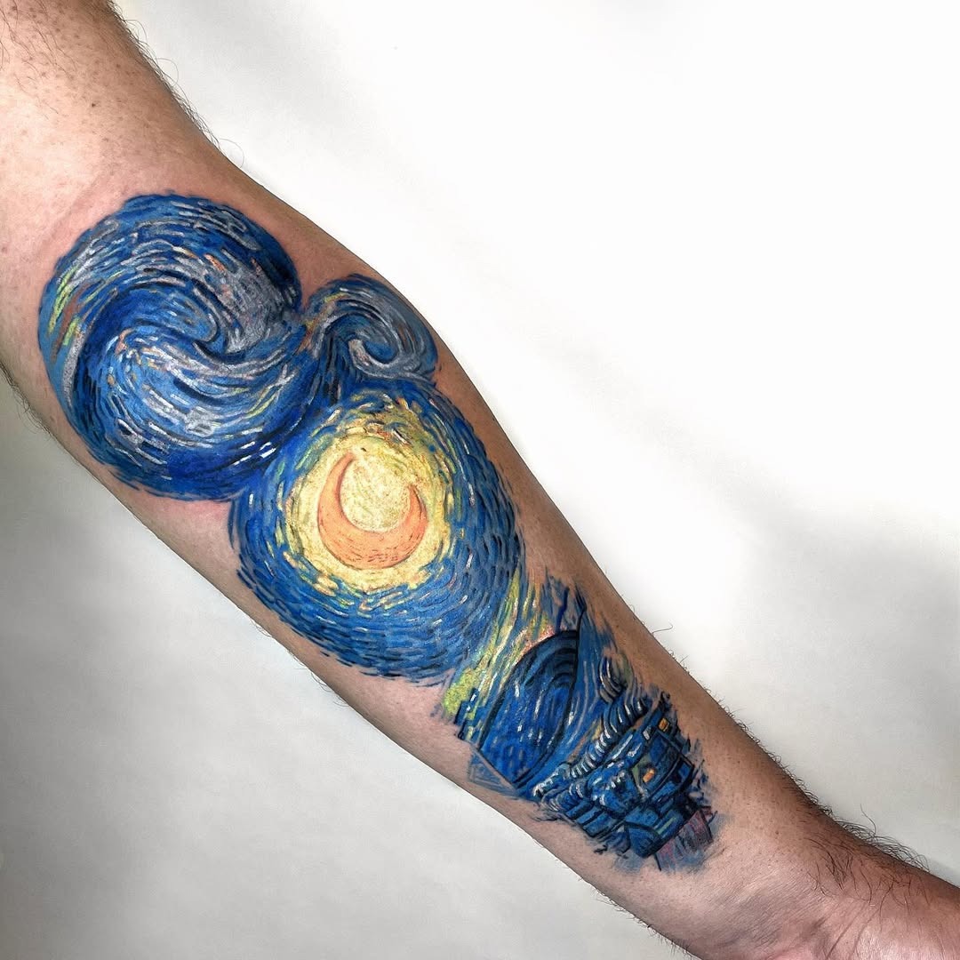 Vibrant Starry Night Tattoo on Forearm Tattoo Design