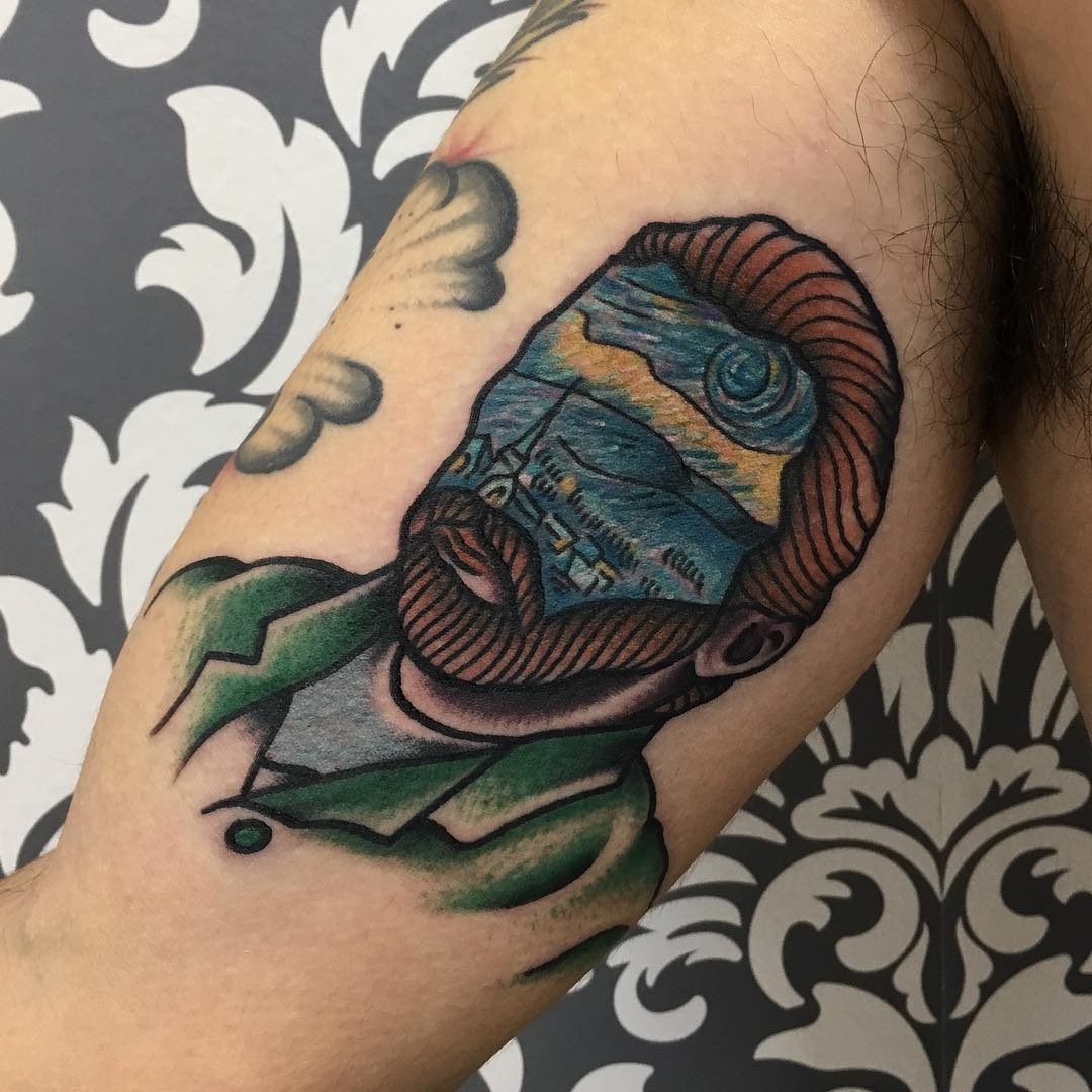 Vibrant Van Gogh Portrait with Swirling Sky Tattoo Design
