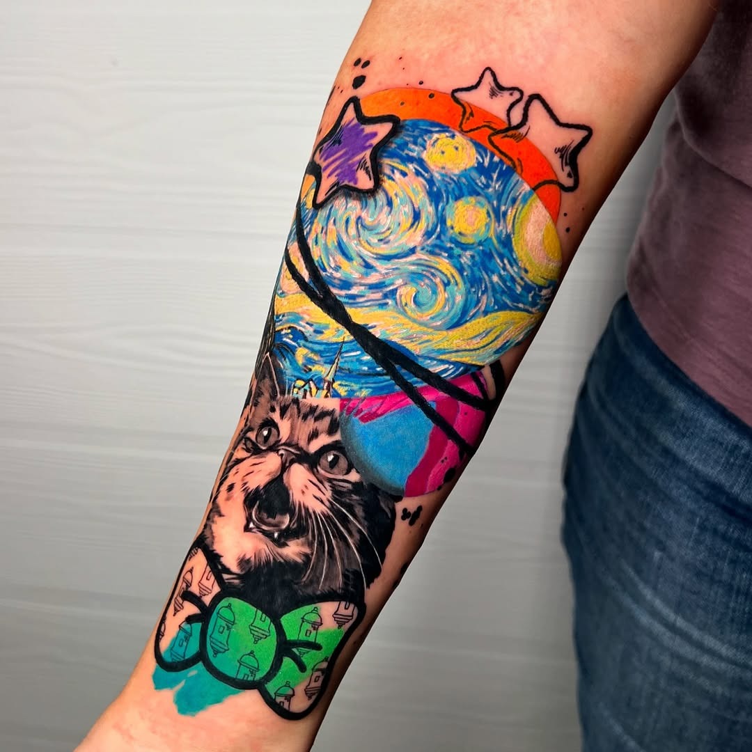 Whimsical Van Gogh-Inspired Cat Tattoo Tattoo Design