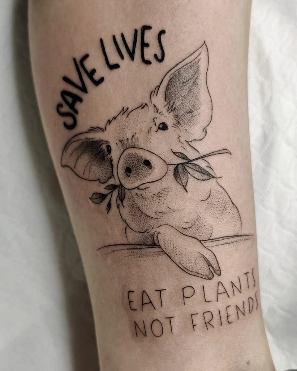 A heartwarming vegan tattoo featuring a pig Tattoo Design