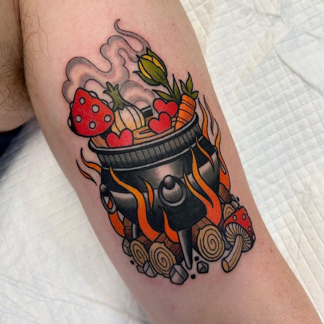 Colorful vegan cooking tattoo celebrates plant-based lifestyle Tattoo Design