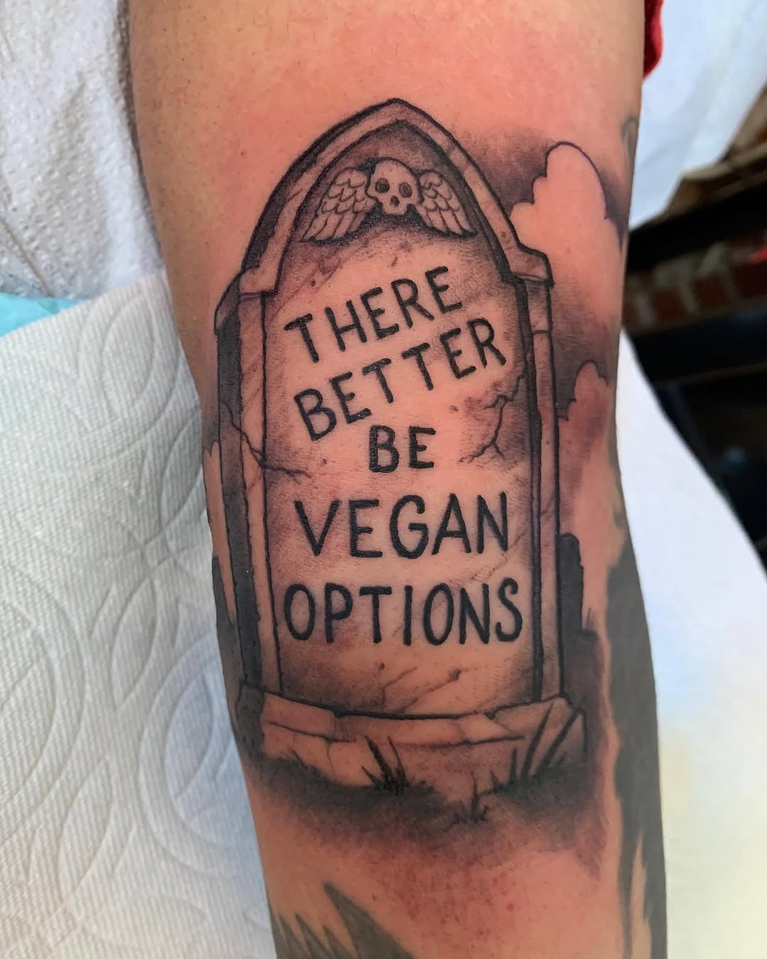 Humorous vegan-themed grave stone tattoo design Tattoo Design
