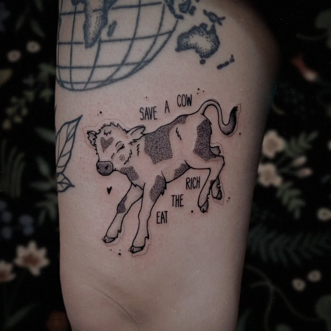 Whimsical calf tattoo with a vegan message Tattoo Design