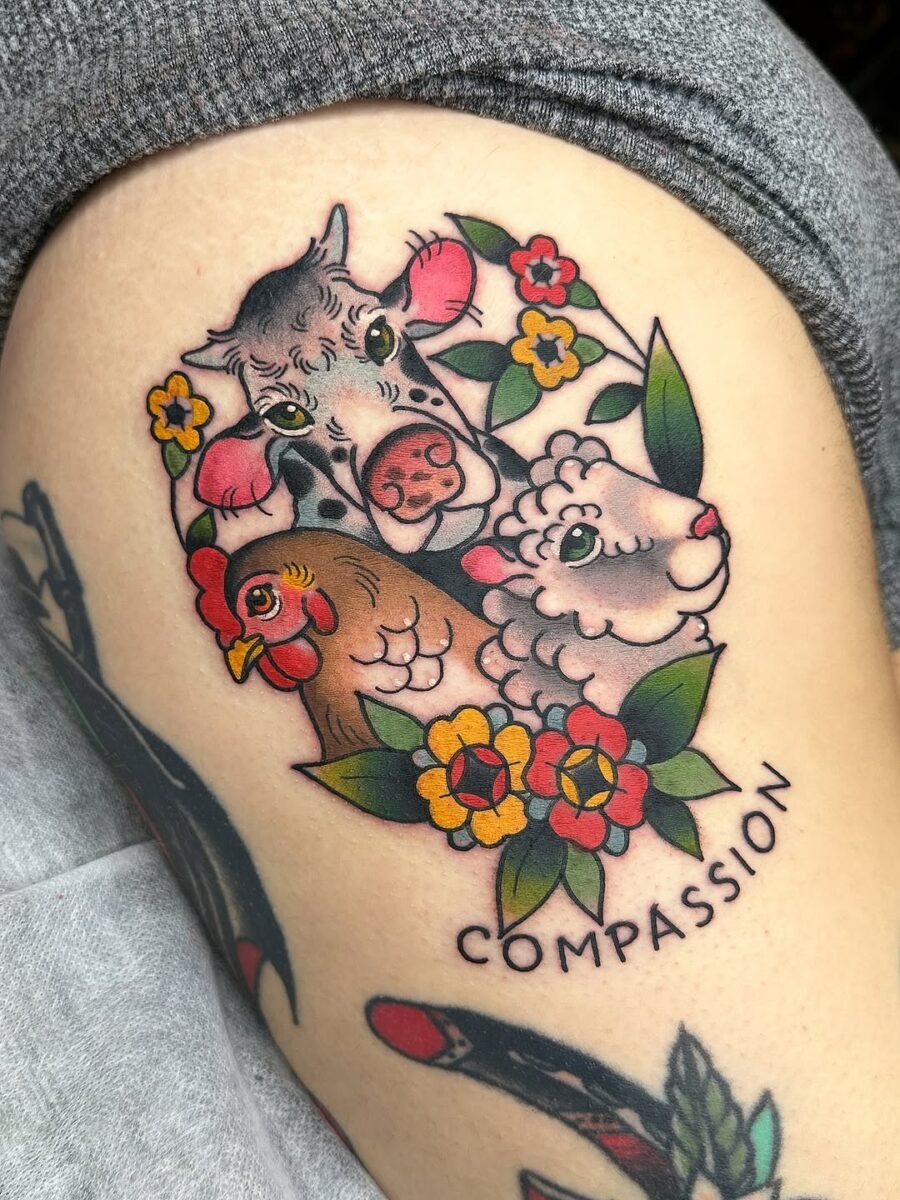 Whimsical compassion-themed vegan animal tattoo Tattoo Design