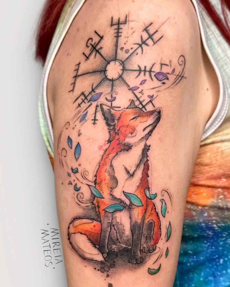 Colorful Vegvisir with Fox Tattoo Design Tattoo Design