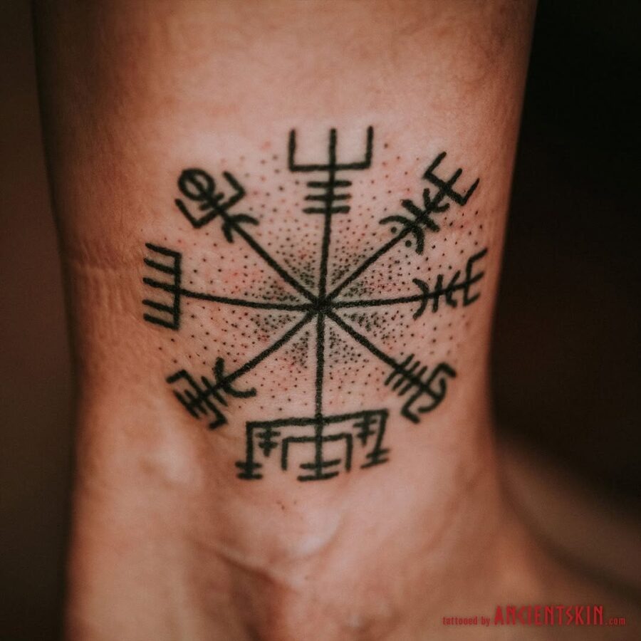 Intricate Vegvisir Design on Ankle Revealed Tattoo Design