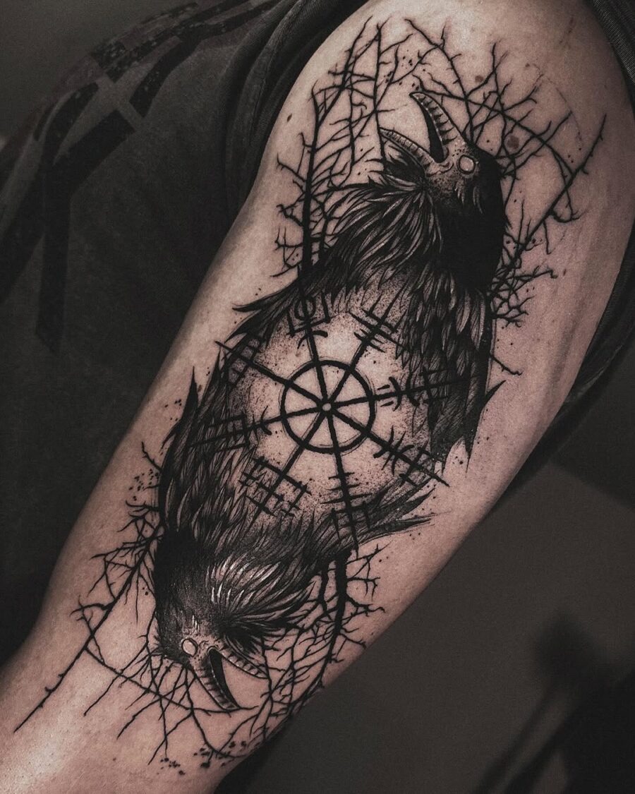 Intricate Vegvisir Tattoo Featuring Mythical Ravens Tattoo Design