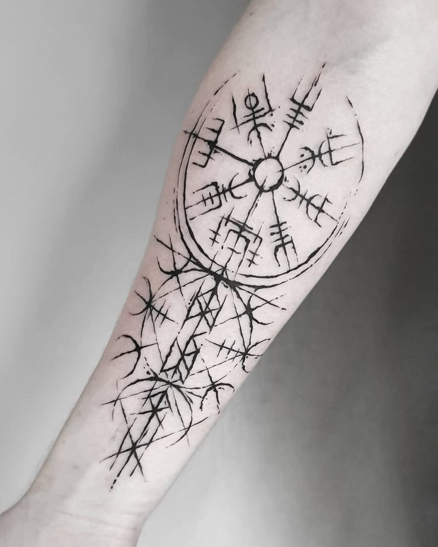 Intricate Vegvisir Tattoo in Bold Black Ink Tattoo Design
