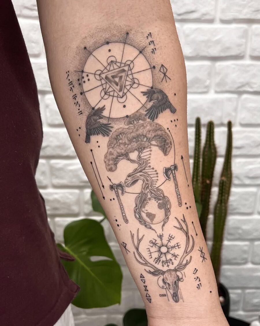 Intricate Vegvisir Tattoo with Nature Elements Tattoo Design