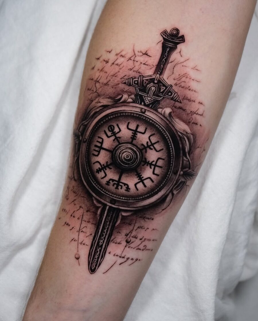 Intricate vegvisir tattoo with sword detail Tattoo Design