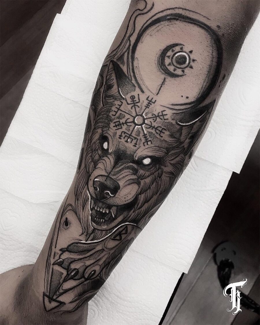 Intricate Wolf Tattoo with Vegvisir Symbol Tattoo Design