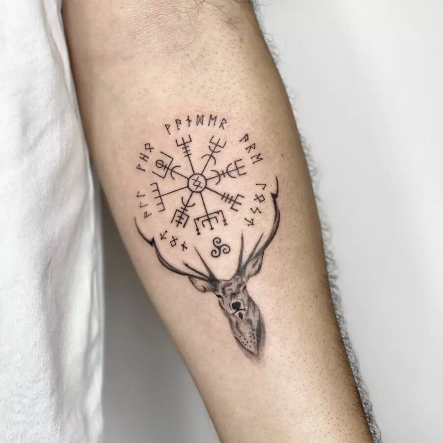 Striking Vegvisir Tattoo with Deer Skull Design Tattoo Design