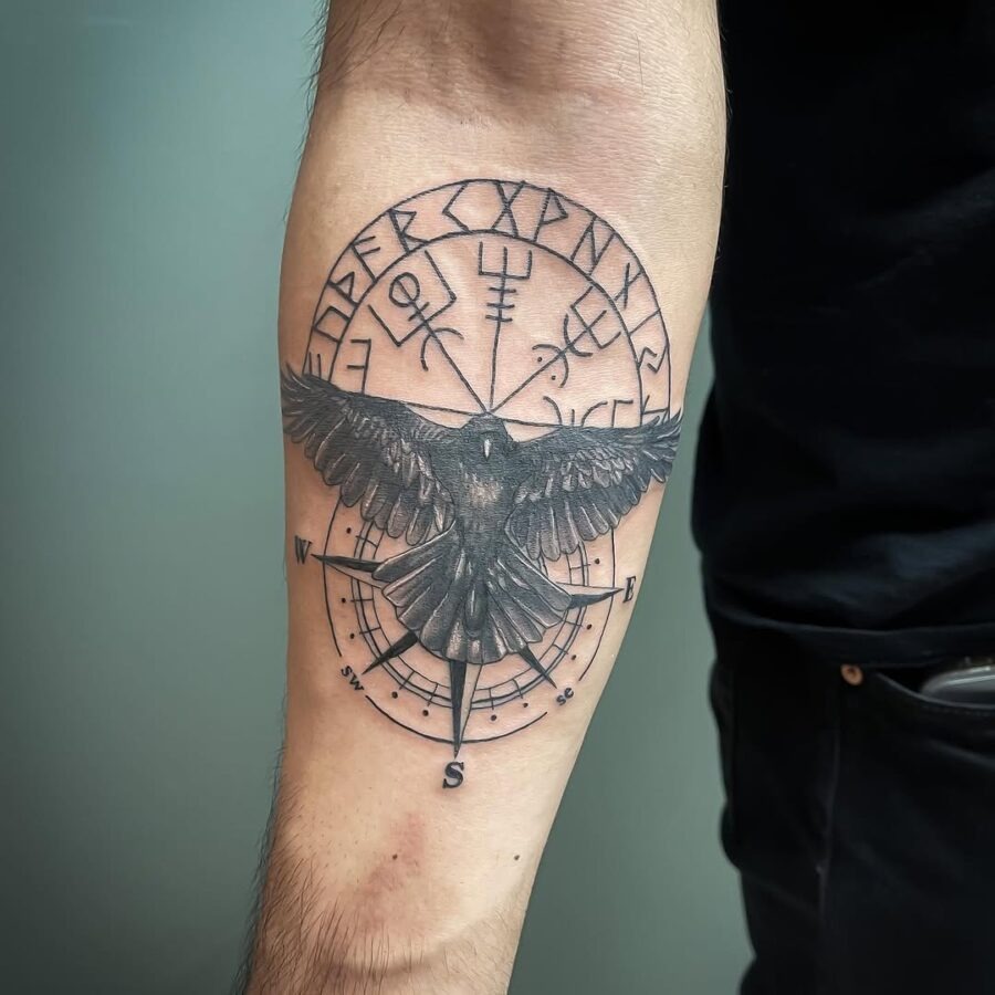 Stunning vegvisir tattoo with raven design Tattoo Design