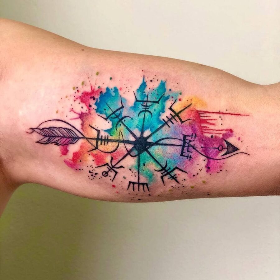 Vibrant Vegvisir Tattoo with Watercolor Elements Tattoo Design
