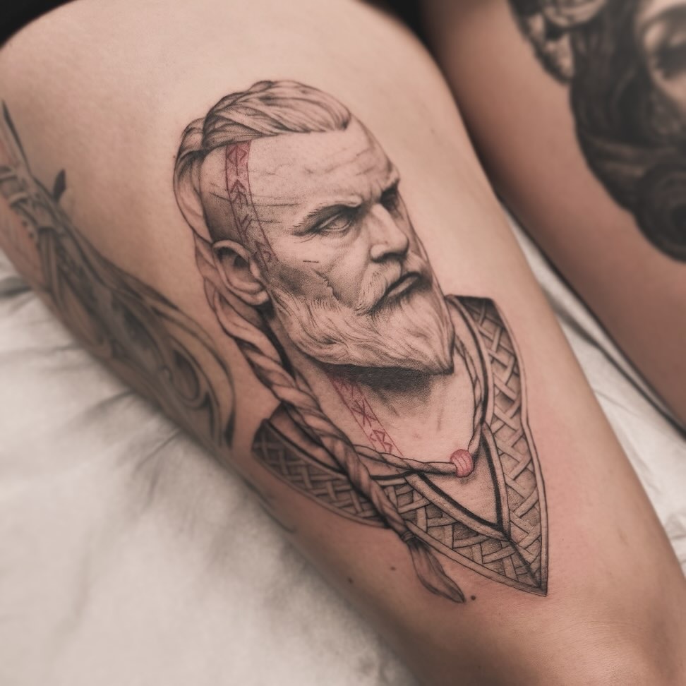 Epic Viking Warrior Tattoo on Thigh Tattoo Design
