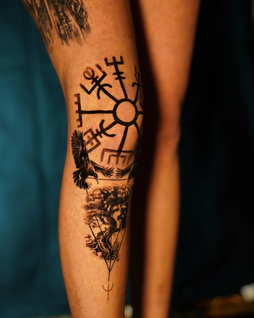 Intricate Viking tattoo featuring runes and nature Tattoo Design