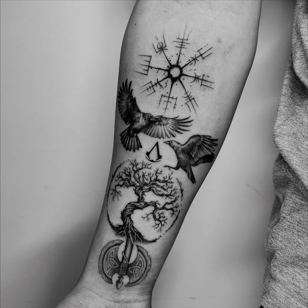 Symbolic Viking tattoo showcasing nature and mythology Tattoo Design