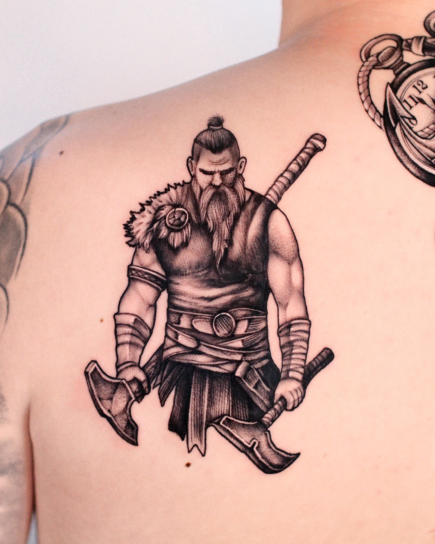 Viking Warrior With Dual Axes Tattoo Tattoo Design