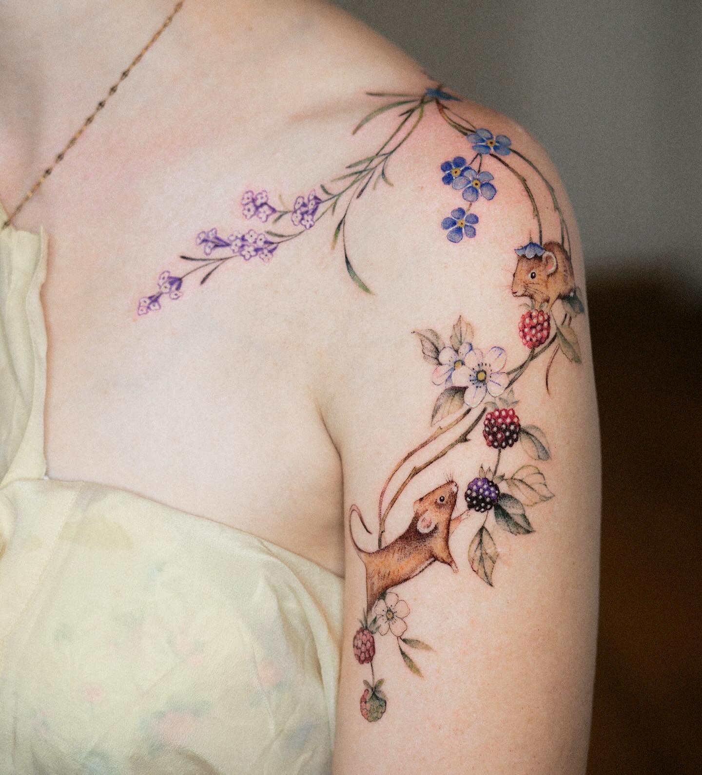 Blackberry Vine Tattoo with Mice and Flowers Tattoo Design