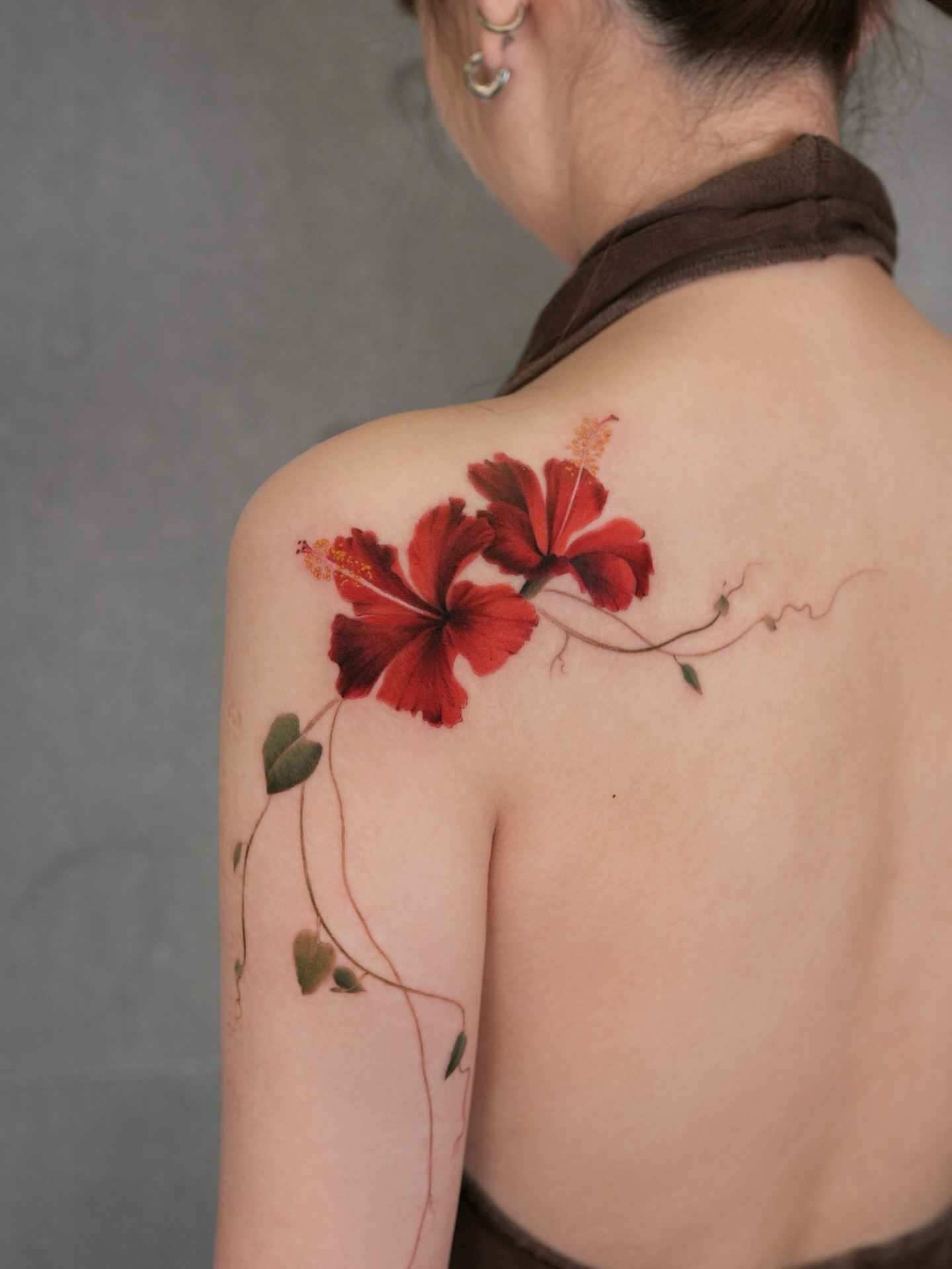 Hibiscus Vine Tattoo on Shoulder and Arm Tattoo Design