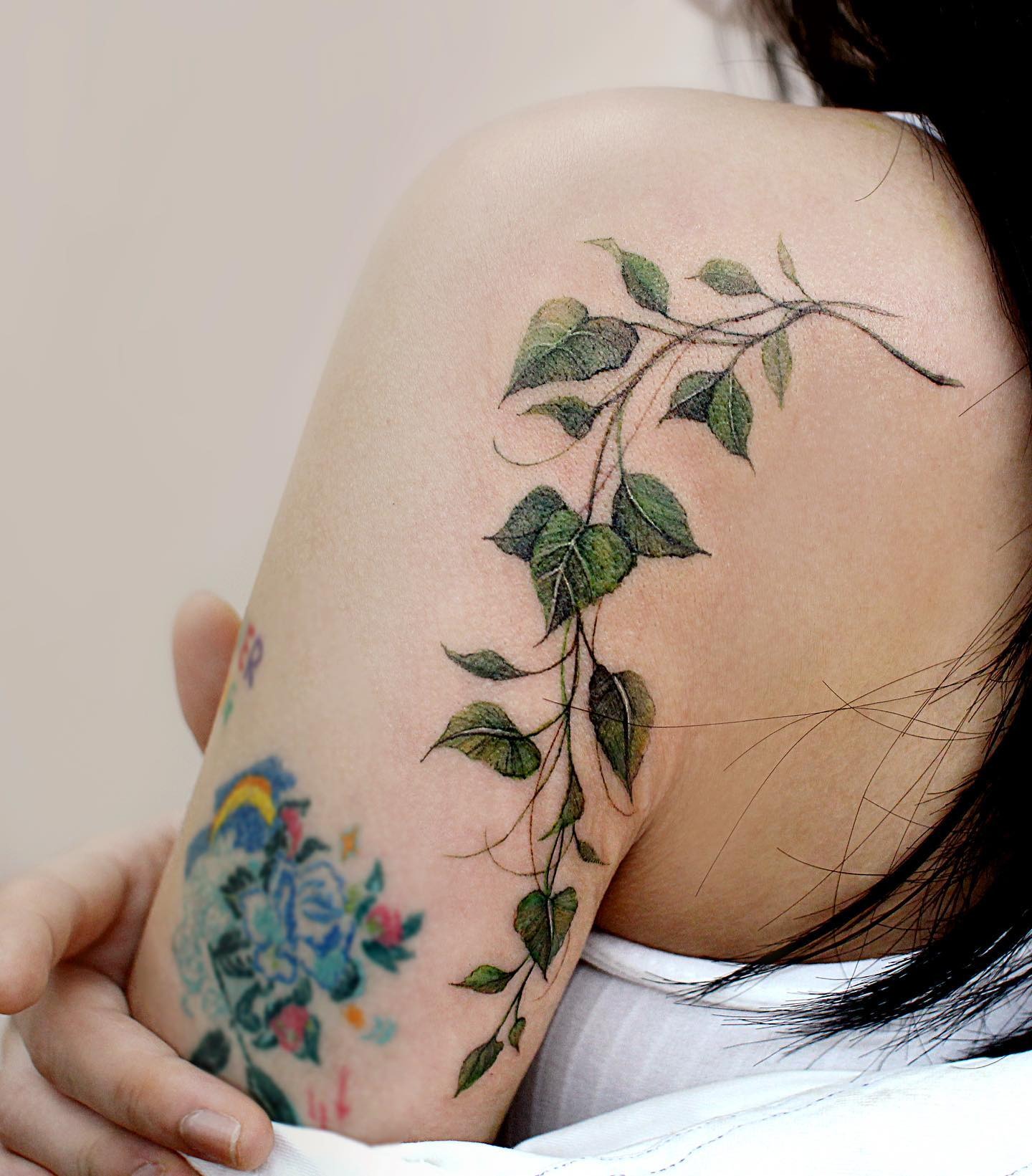 Realistic Green Vine Tattoo on Shoulder Tattoo Design