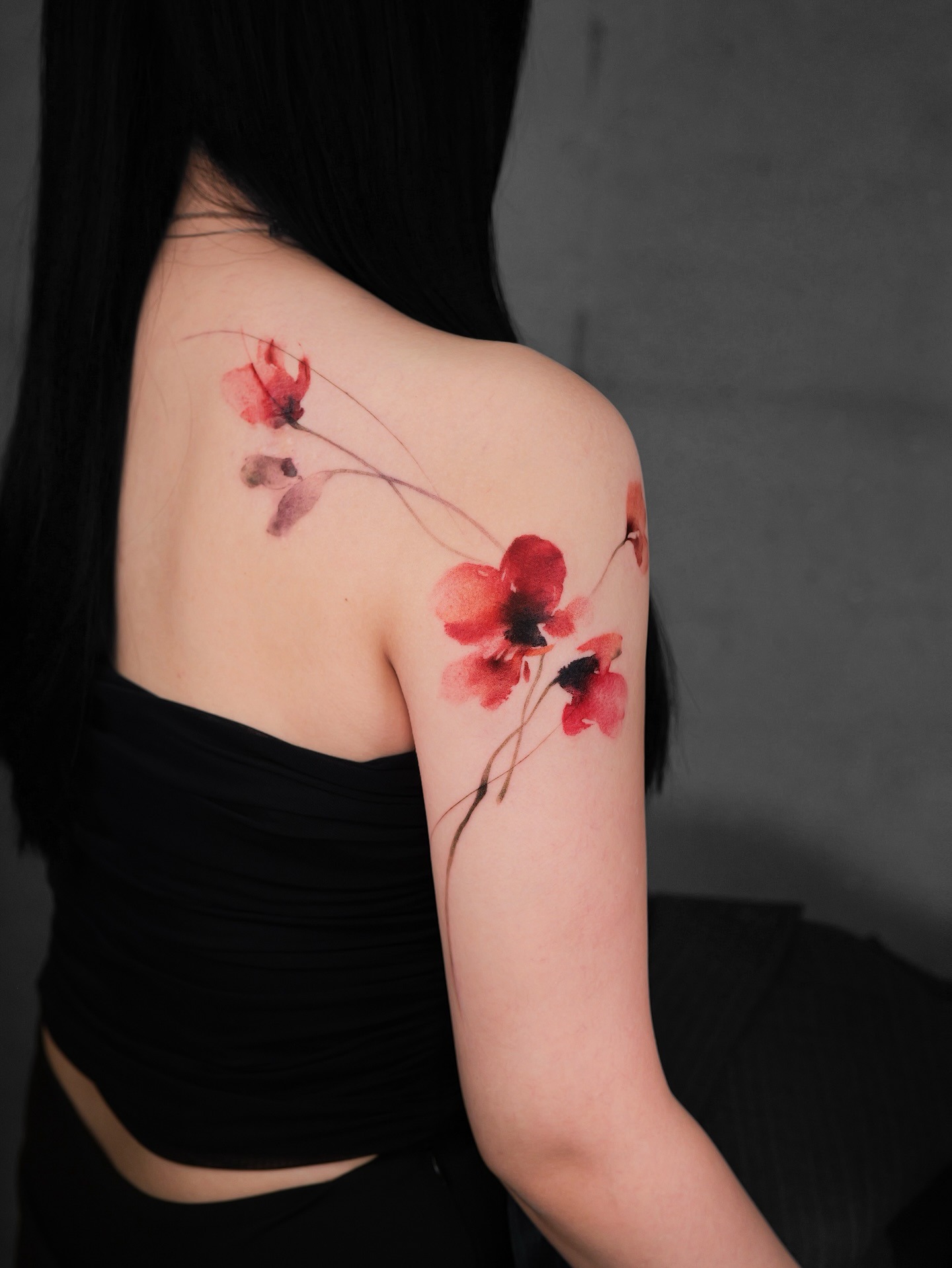 Watercolor Red Flower Vine Tattoo on Shoulder Tattoo Design