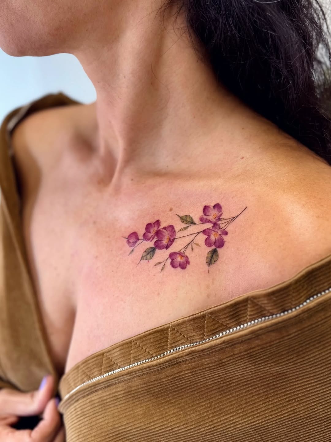 Elegant violet flower tattoo on shoulder Tattoo Design