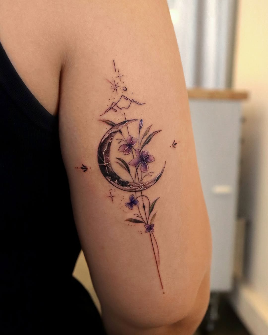 Elegant violet flowers and crescent moon tattoo Tattoo Design