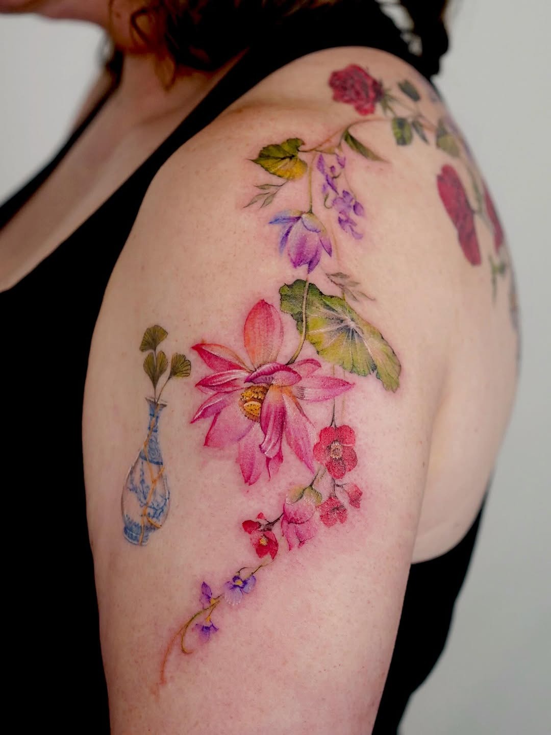 Stunning violet floral tattoo on shoulder Tattoo Design