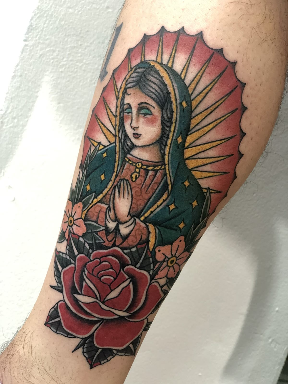 Blackwork Virgen with Crown Tattoo Design