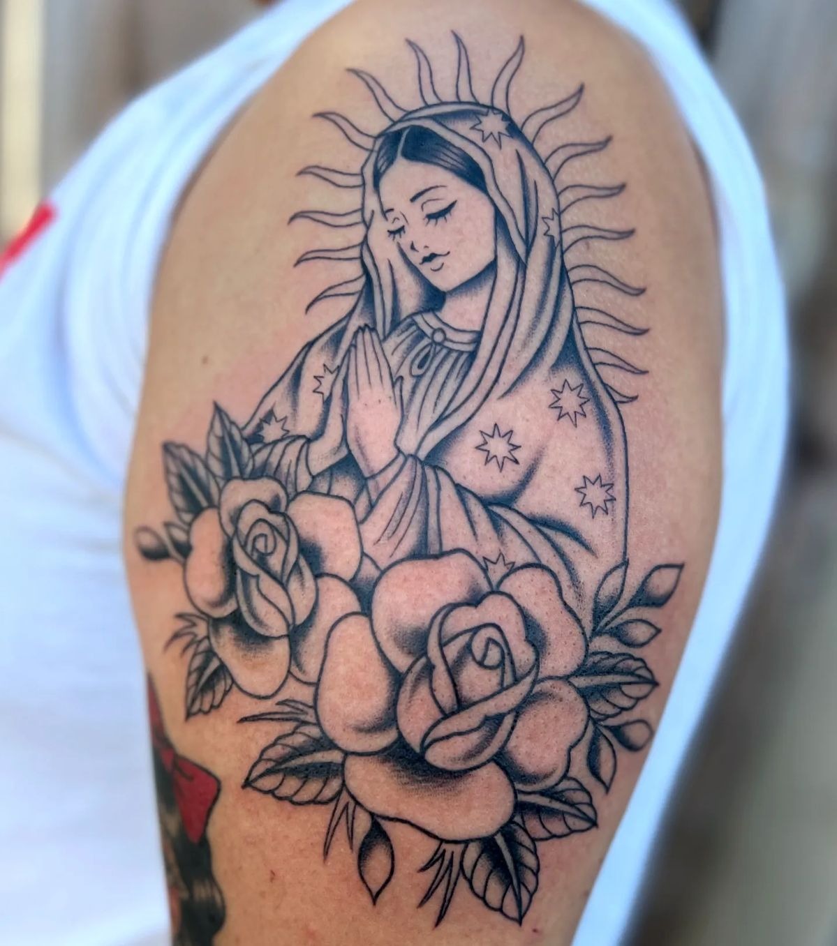 Classic Rose and Virgin Upper Arm Tattoo Tattoo Design