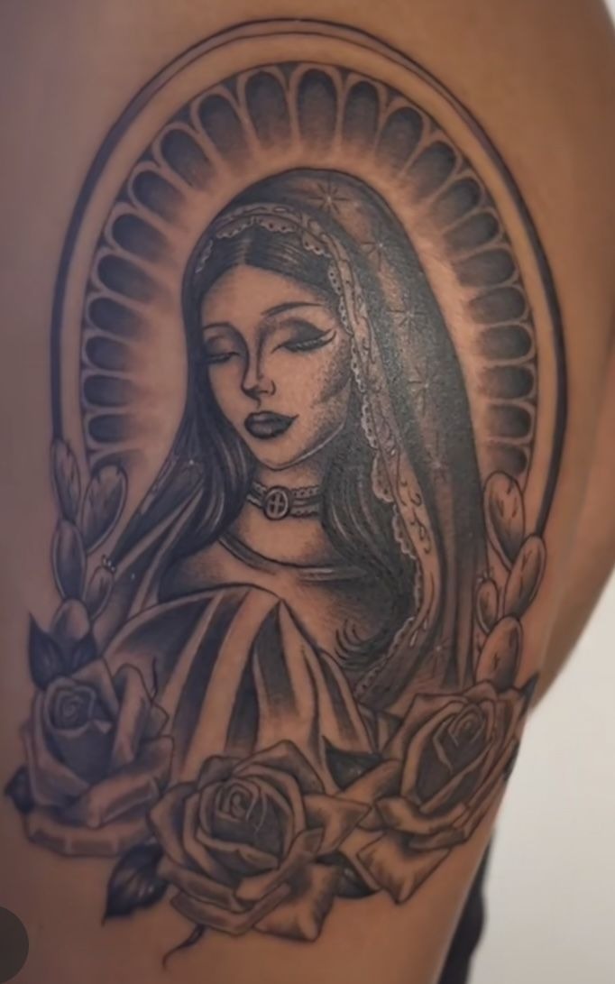 Colorful Virgen Tattoo with Rosary Tattoo Design