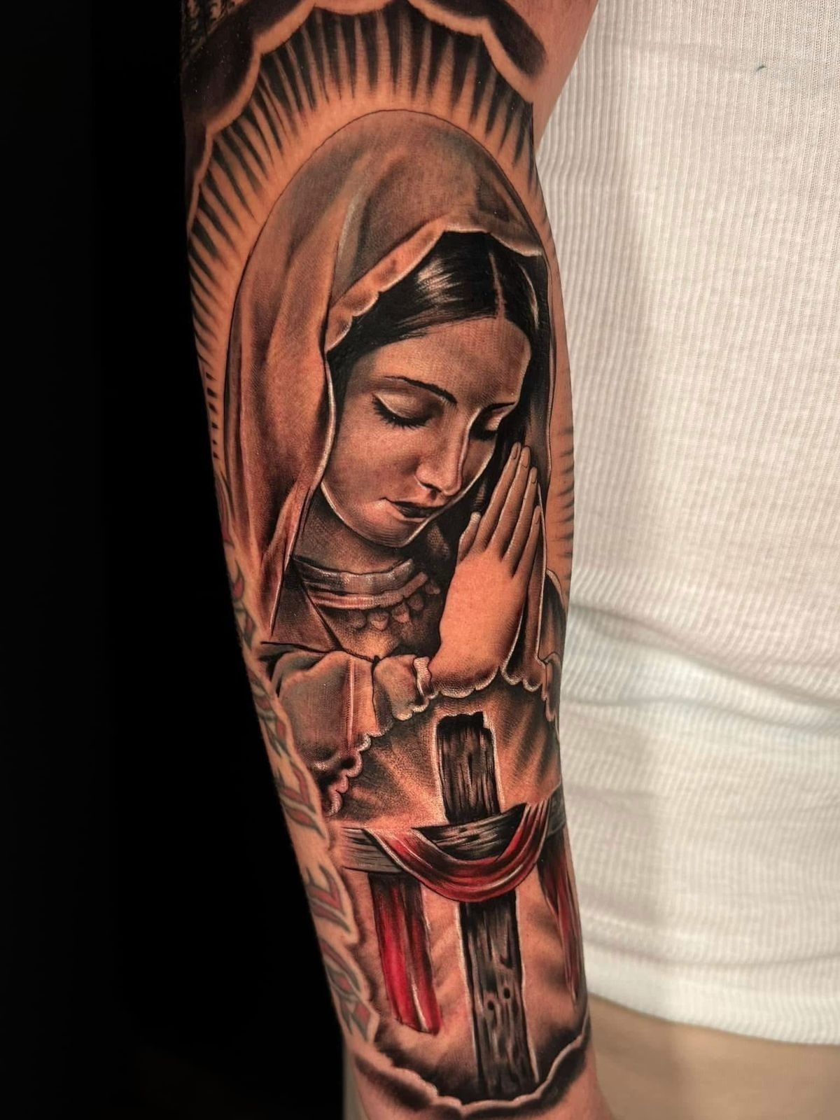 Fine Line Virgen with Star Halo Tattoo Design