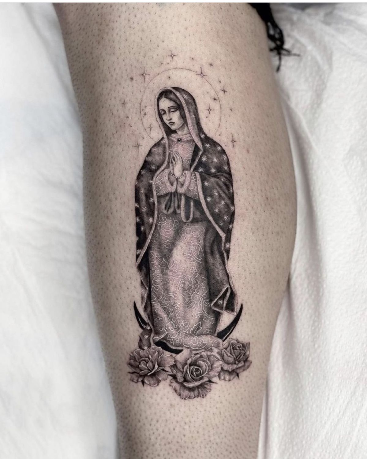 Memorial Virgen Forearm Tattoo with Names Tattoo Design