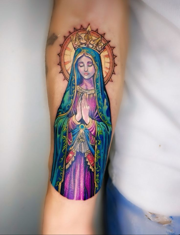 Realistic Praying Virgin with Cross Tattoo Tattoo Design