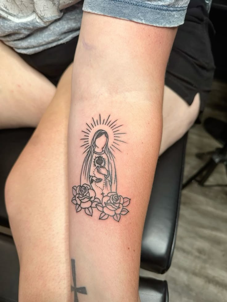 Blessed Mother with Crown and Heart Tattoo Design