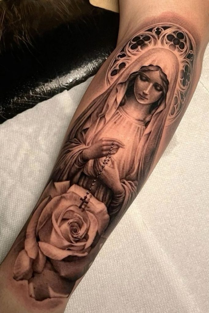 Shoulder Serenity with Dove and Rosary Tattoo Design