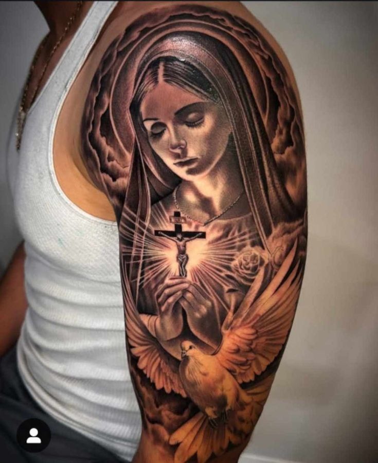 Sketch-Style Virgin with Blossoms Tattoo Design