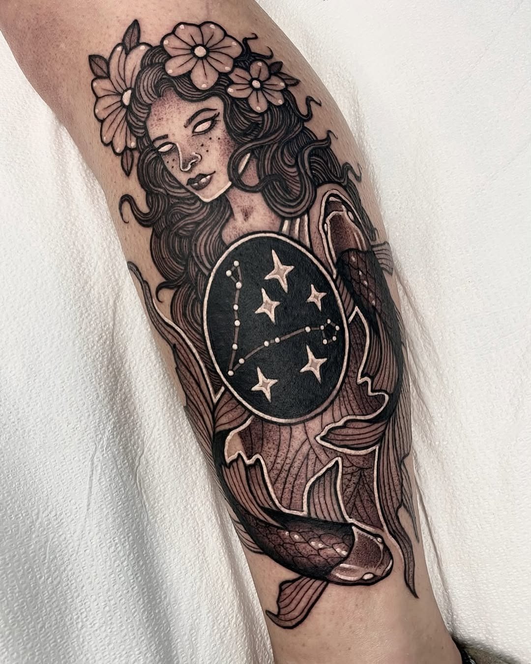 Artistic Virgo tattoo with celestial elements Tattoo Design