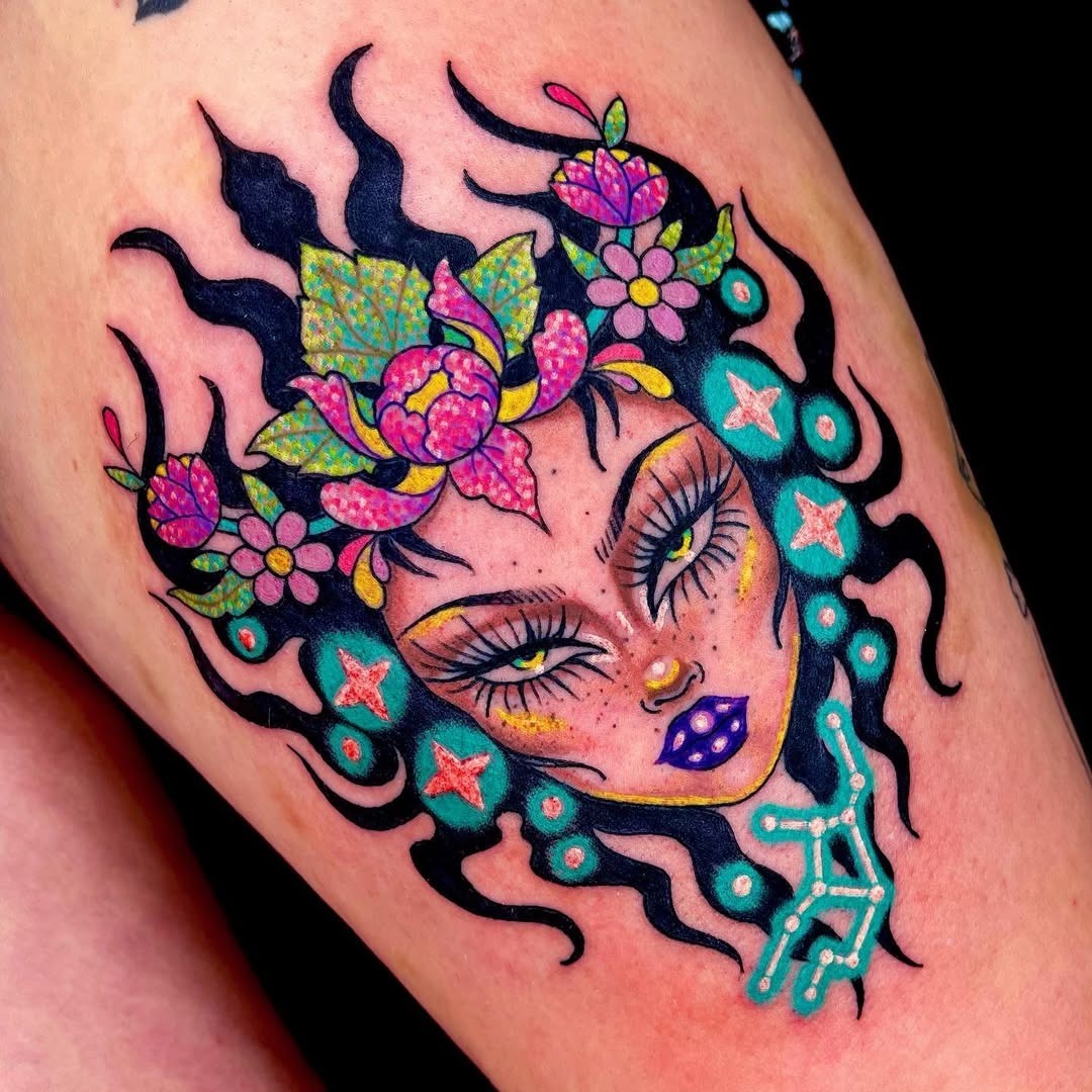 Captivating Virgo Tattoo with Floral Elements Tattoo Design