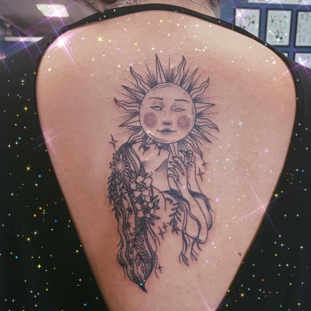 Elegant Virgo Tattoo Featuring Sun and Moon Tattoo Design