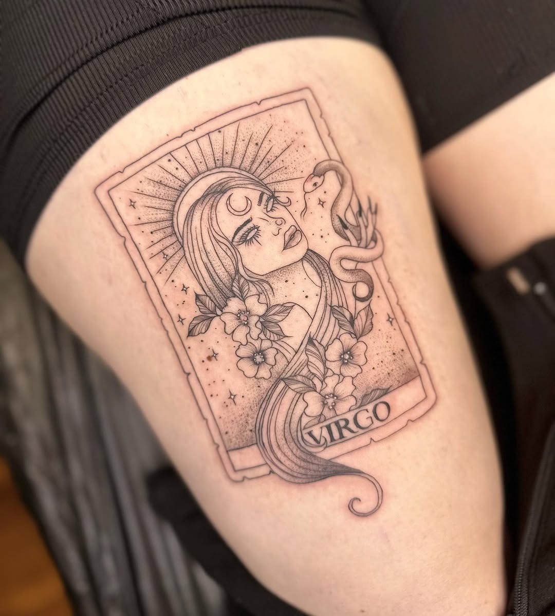 Elegant Virgo tattoo with celestial elements Tattoo Design