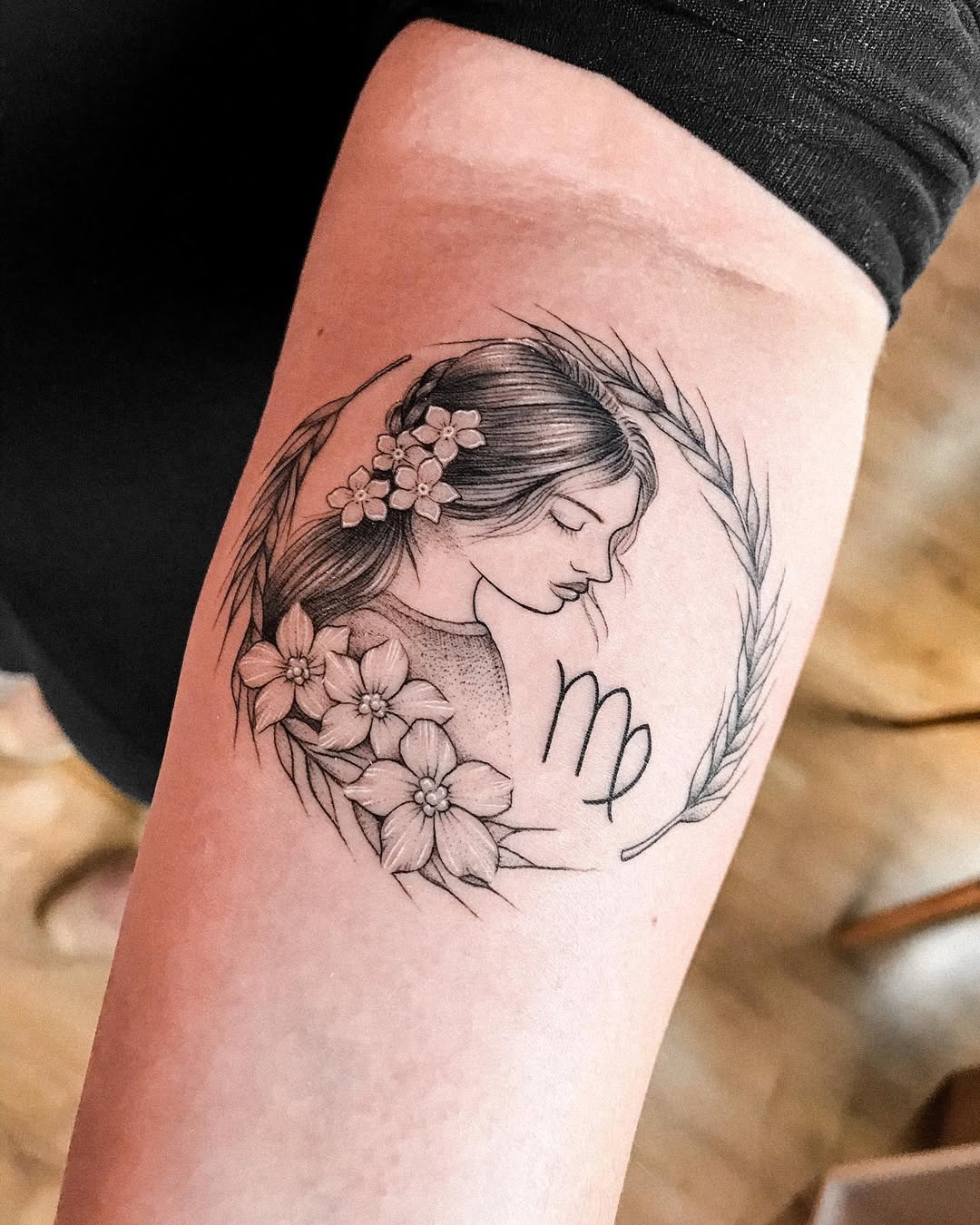 Elegant Virgo tattoo with floral accents Tattoo Design