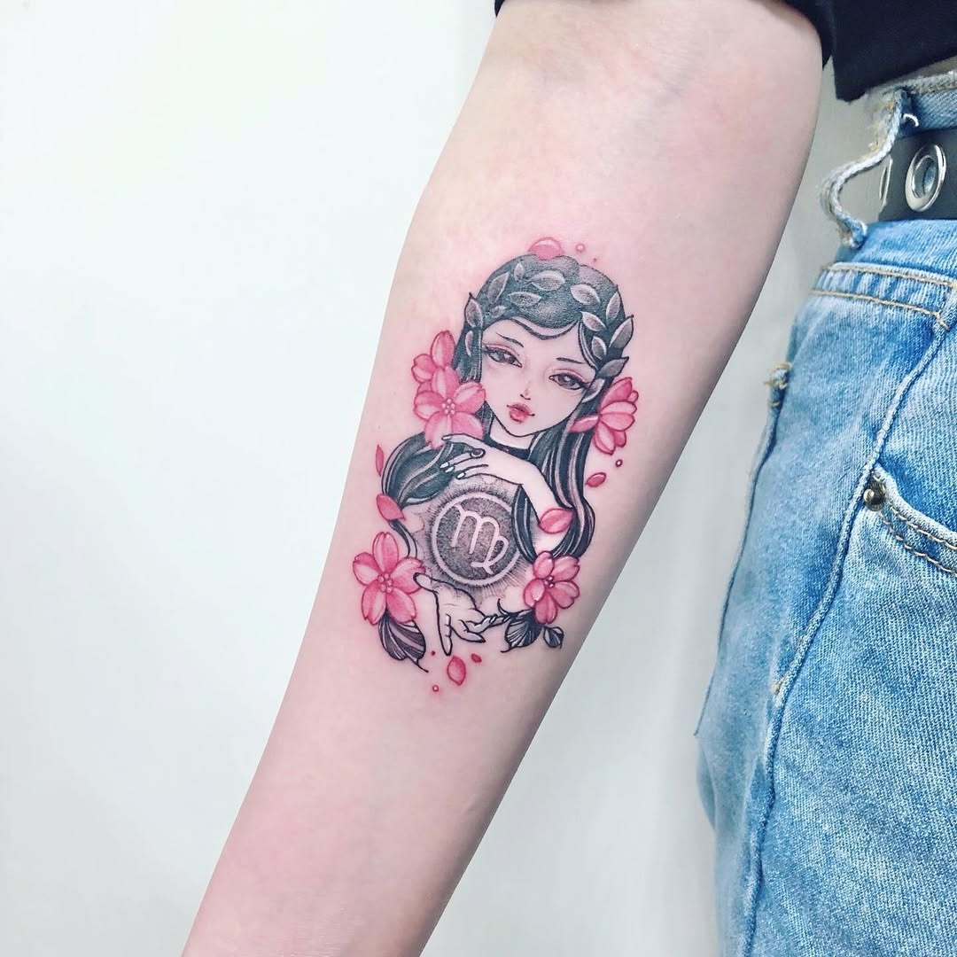 Enchanting Virgo tattoo with floral accents Tattoo Design