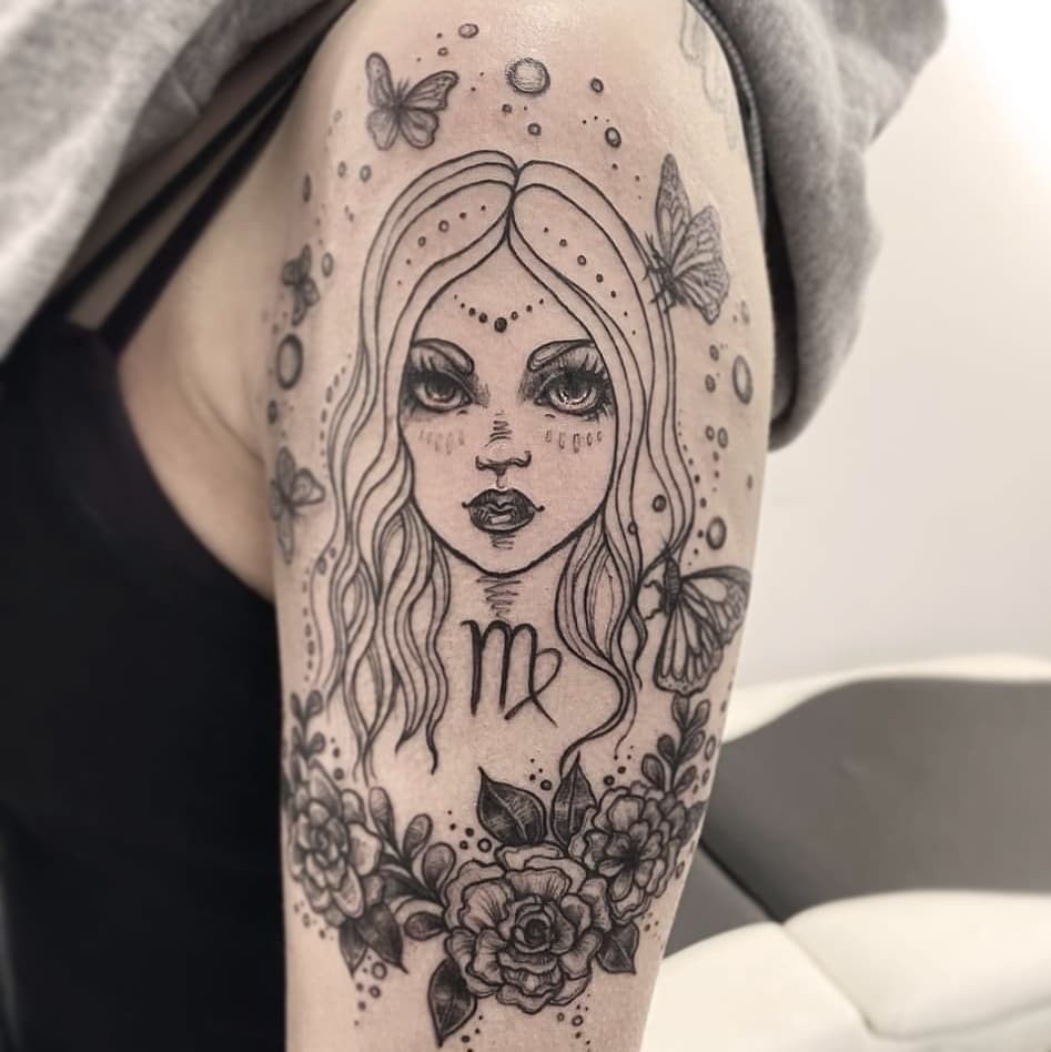 Mystical Virgo Tattoo with Floral Elements Tattoo Design
