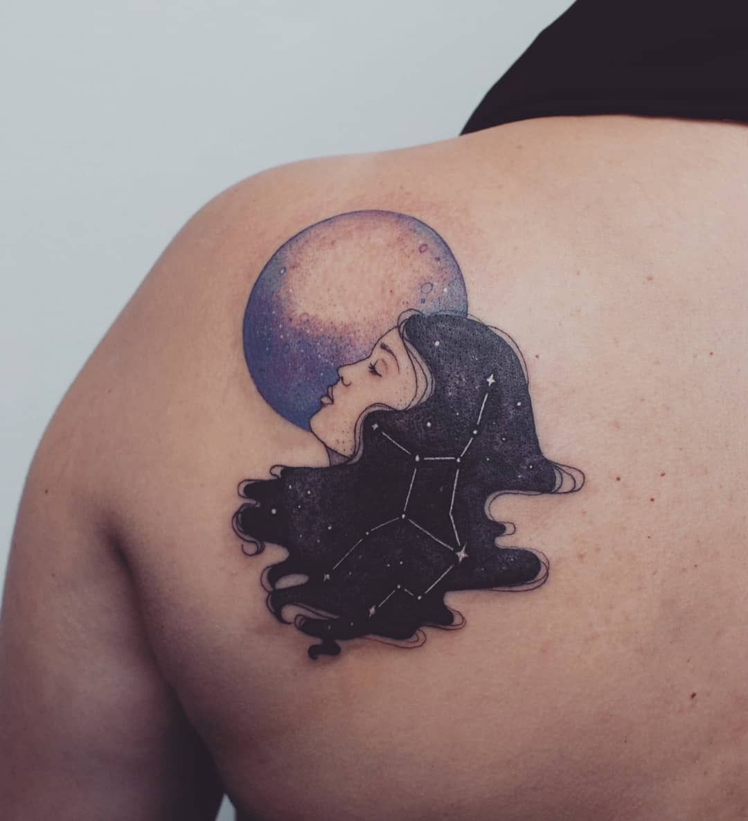 Stunning Virgo Tattoo with Celestial Elements Tattoo Design
