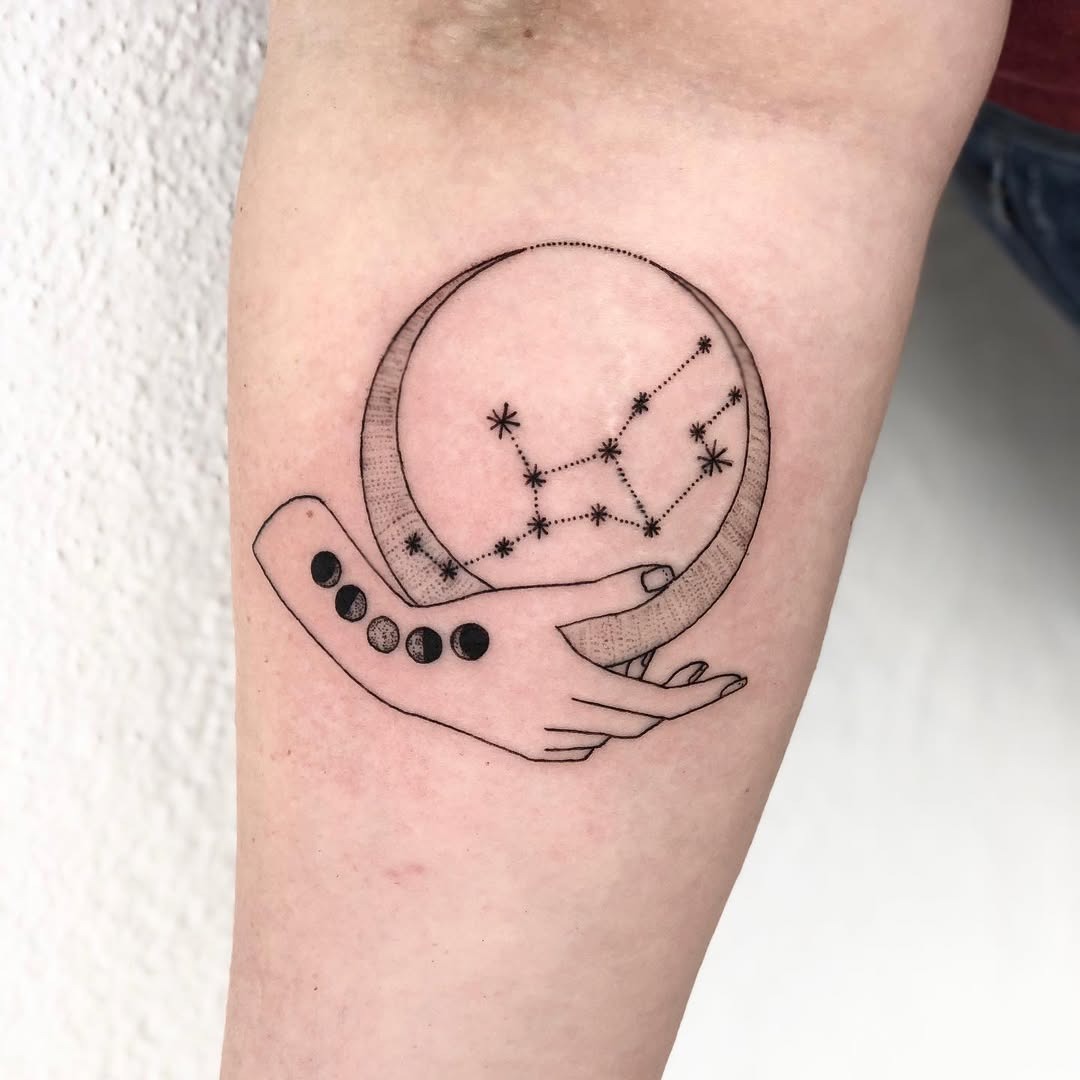 Virgo Constellation within a Hand and Moon Tattoo Design