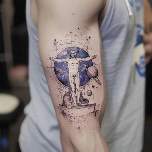 An Arm's Tribute to Geometry and Space Tattoo Design