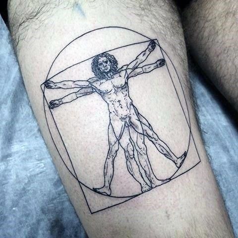 Classic Thigh Tattoo with Da Vinci's Vitruvian Man Tattoo Design