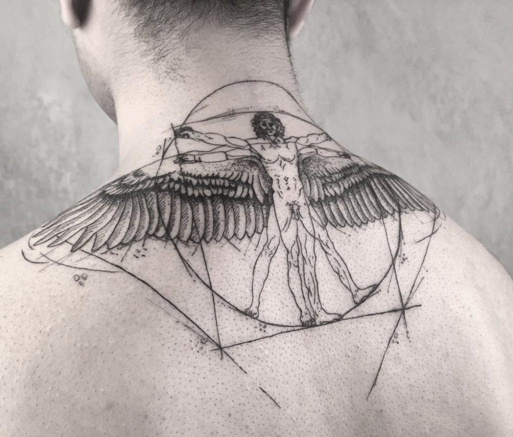 Winged Vitruvian Man on the Upper Back Tattoo Design